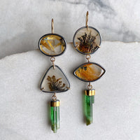 Dendritic Agate, Golden Rutilated Quartz, and Green Tourmaline Earrings